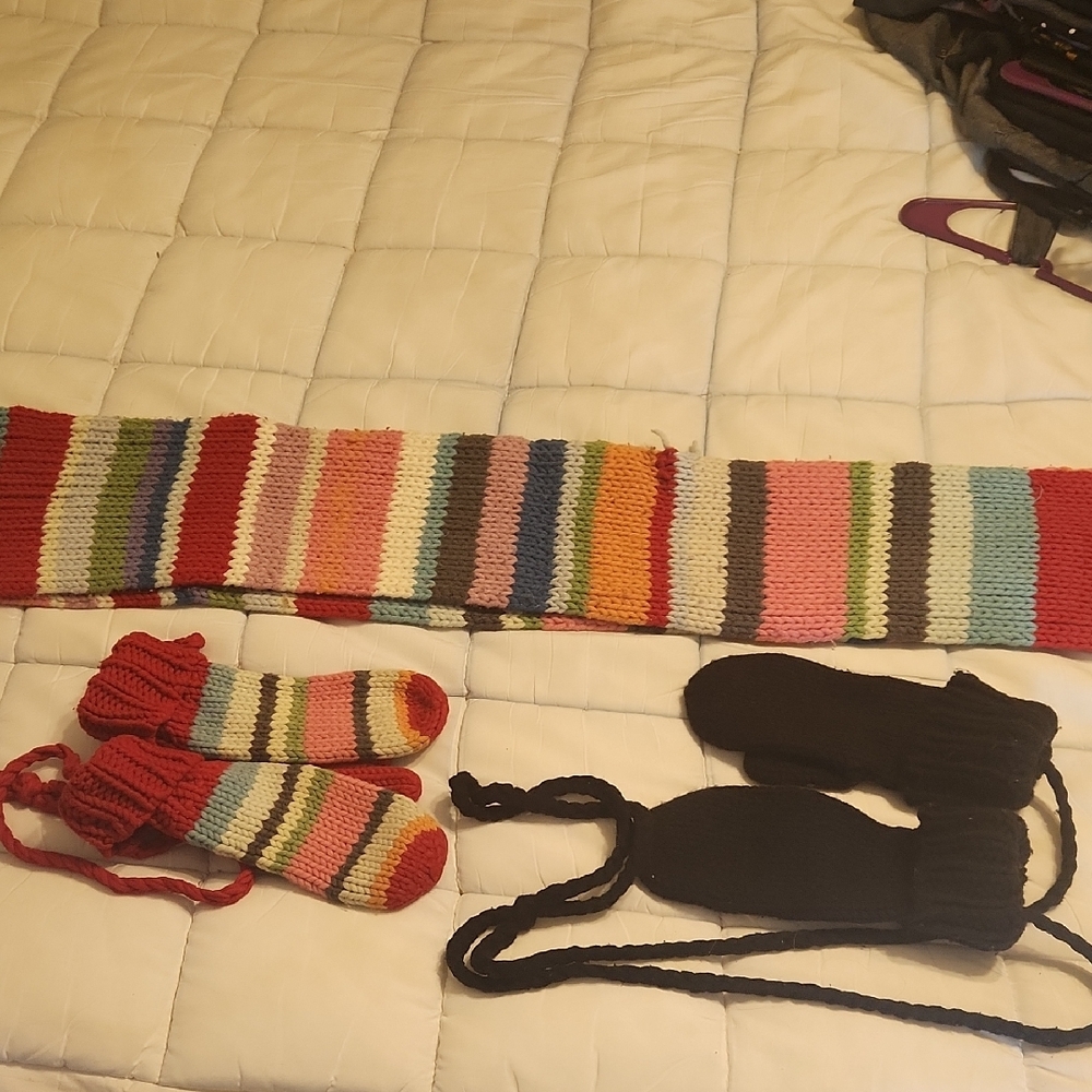 Colorful Striped Scarf with Mittens Set